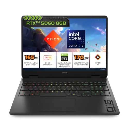 HP OMEN Gaming Laptop (Intel Core Ultra 7/ 24GB RAM/ 1TB SSD/ 16 Inch (40.62 cm) diagonal 2K Display/ 8GB-NVIDIA GeForce RTX 5060 Graphics/ Windows 11/ MS-Office) 16-am0238TX