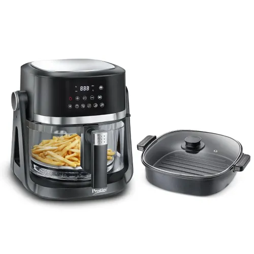 Prestige Air Flip All-In-One 4.5 Litre Air Fryer | Air Frying and Grilling with a Flip | 5 Preset Menu| Air Fryer and Grill Mode | 360 View Glass Air Fryer Basket (Black)