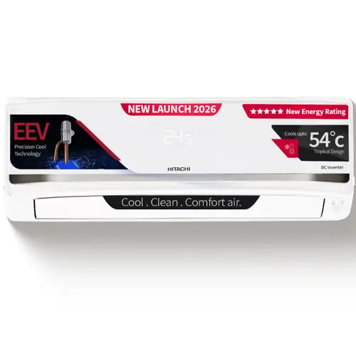 Hitachi 1 Ton 5 Star Inverter Split AC | 100% Copper Condenser | Hybrid Convertible | 4 Way Swing | 24m Long Air Throw (RAS.V512PCDIST, 2026 Model - New BEE Rating) White